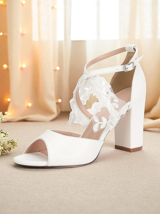 Block Strap White Heel Sandals Ankle Women's Lace with -