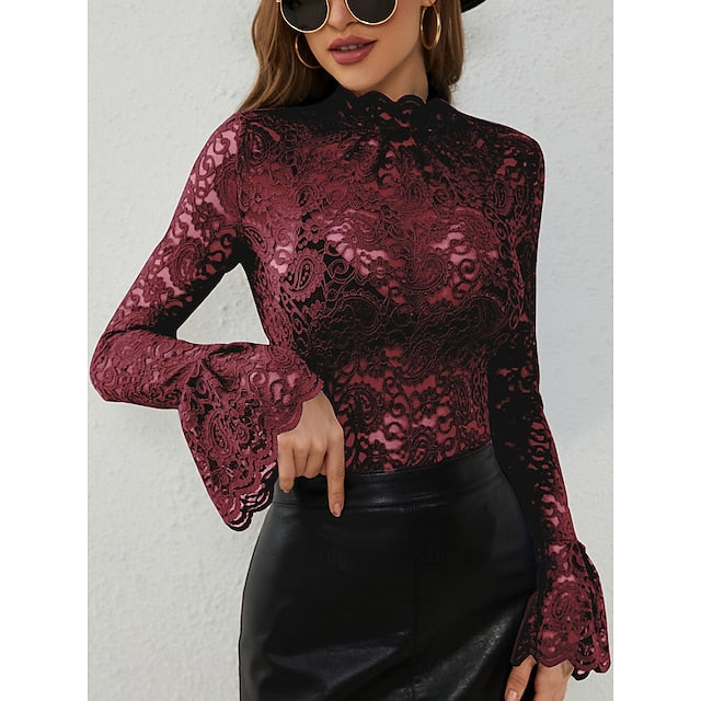 Women's Lace T-shirt Graphic Elegant Long Sleeve High Neck