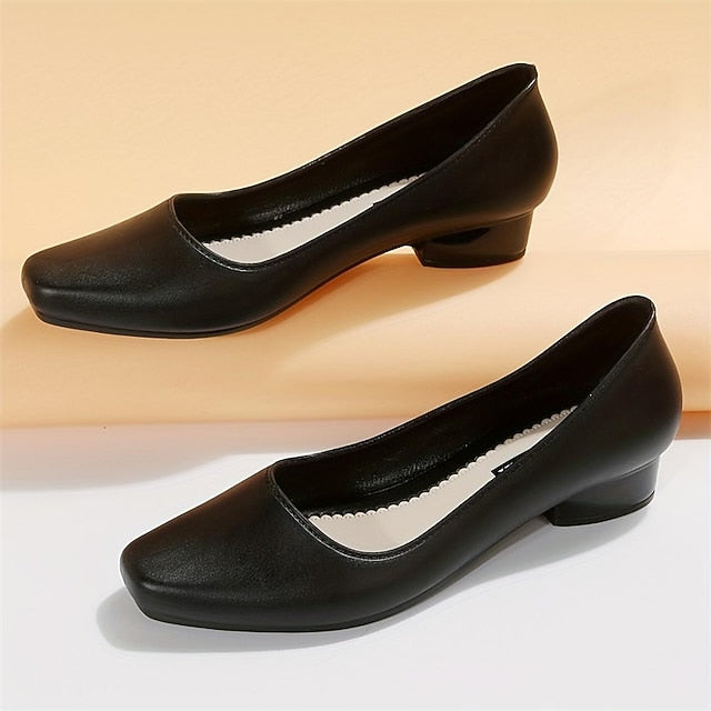 Women's Toe Classic Low Heel Pumps Black Round Slip-On –