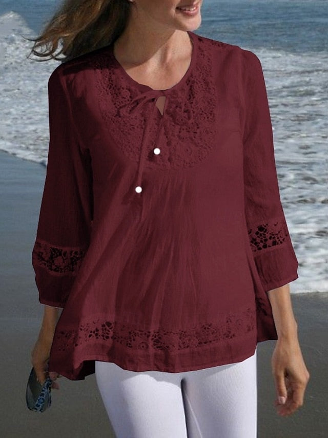 Women's Popover Shirt Summer Shirt Casual Shirt Blouse Lace