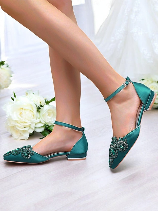 Style Gemstone Flats Vintage Embellished – Green Pointed-Toe