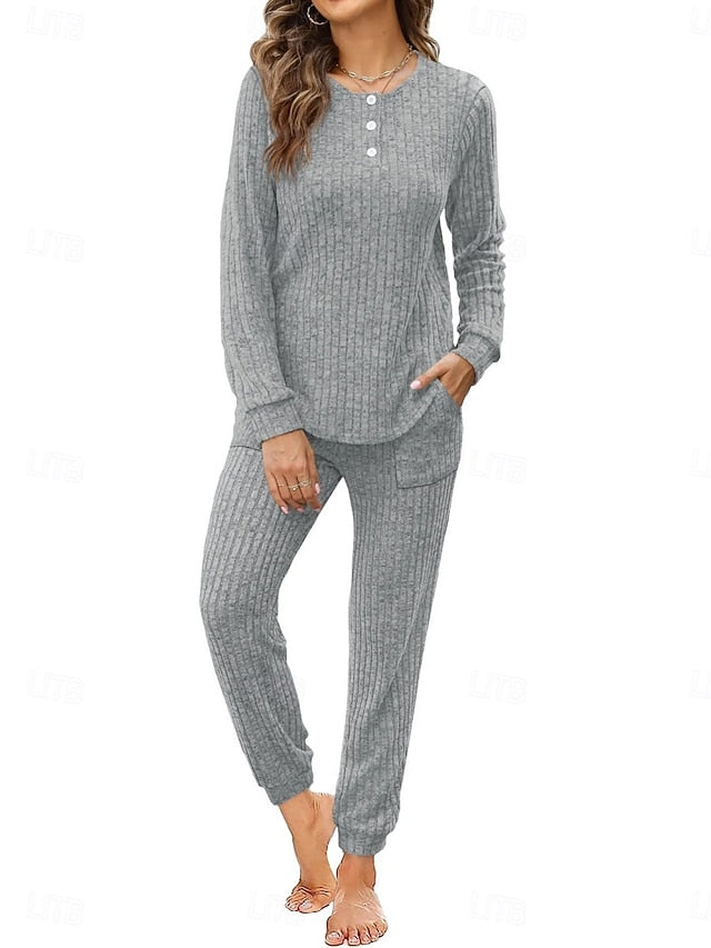 Women's Pants Sets Long Sleeve Crew Neck Solid Color