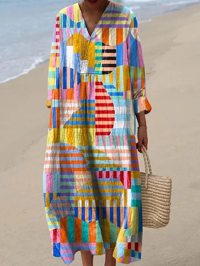 Women's Midi Dress V Neck Long Sleeve Kaftan Lightweight