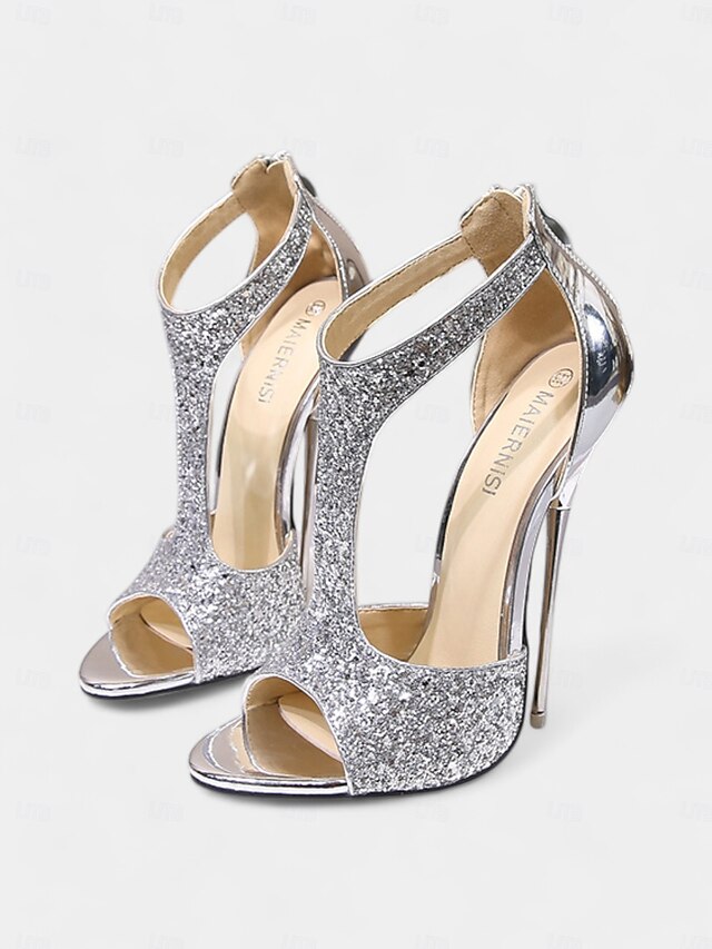 Stiletto Open Gold Heels and Toe for T-Strap with Design Glitter