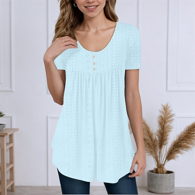 Women's Texture Blouse Eyelet Top Pointelle Tee Tunic