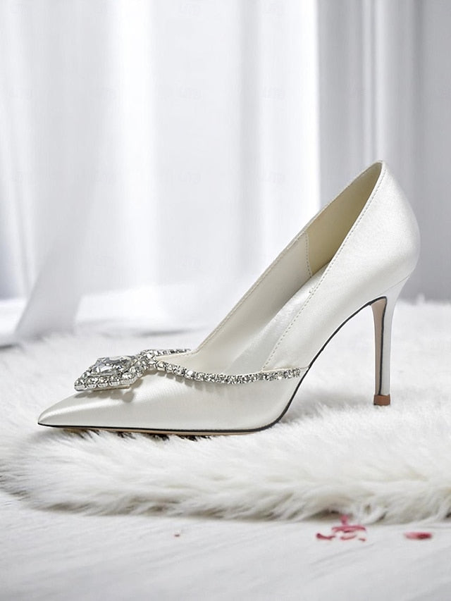 with Heels White Wedding Satin Pointed Crystal Women's Toe