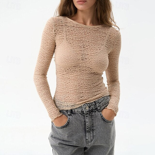 Women's Blouse Solid Color Modern Casual Long Sleeve Crew
