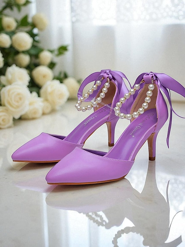Kitten Pumps with Strap Women's - Pearl Ankle Bow Heel Blue