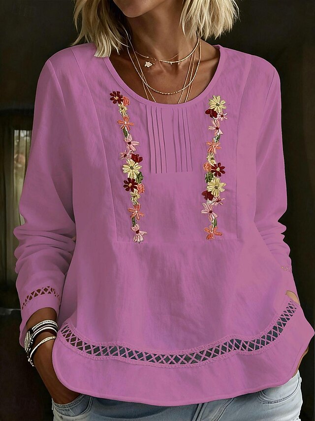Women's Shirt Blouse Ruched Patchwork Embroidered Floral