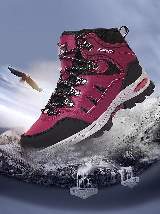 Women's Burgundy High-top Hiking Sneakers with Rugged Sole