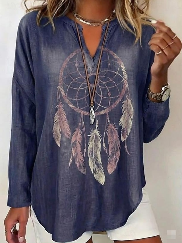 Women's Shirt Tunic Print Graphic Feather Bohemia Vintage