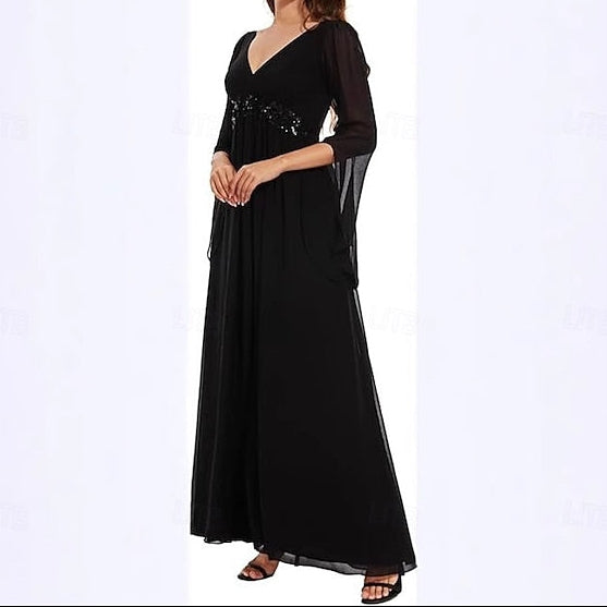 A-Line Dress Floor the Bride Mother V Neck Simple Elegant of