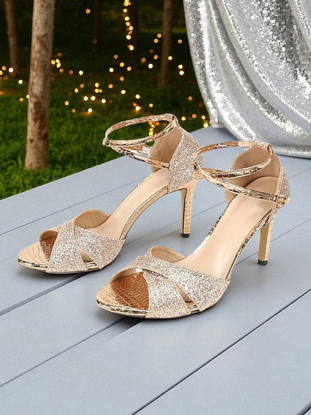 Strappy - High Women's Glitter Sandals Silver Heel