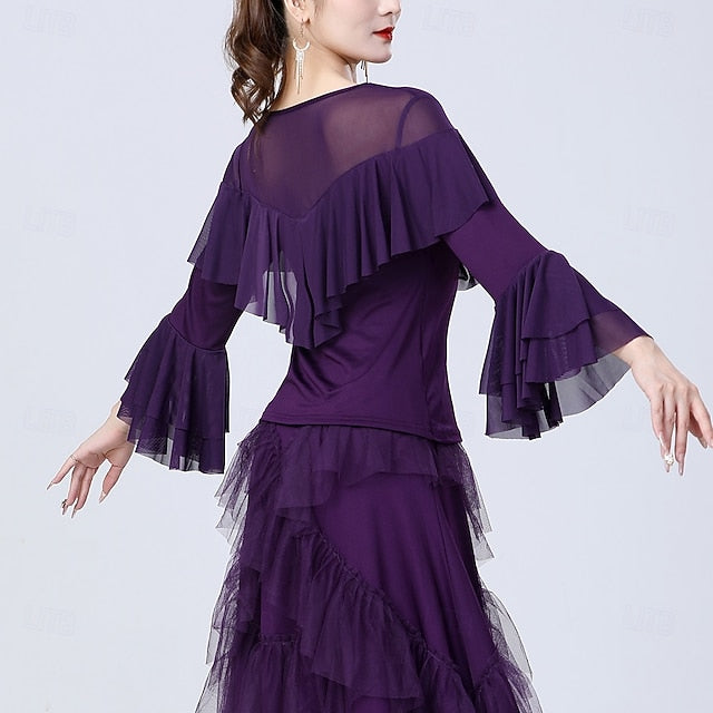 Latin Dance Top Ruffles Pure Color Splicing Women's