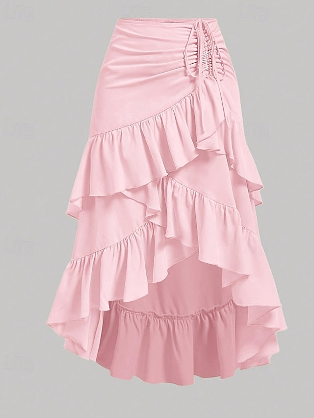 Women's Cute Casual Maxi Mid Rise Skirts Plain Ruffle Print