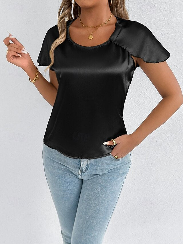 Women's Satin T Shirt Elegant Stylish Short Sleeve Ruffle
