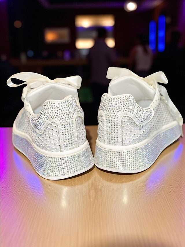 Women's Ribbon Laces Sneakers with White Satin Rhinestone