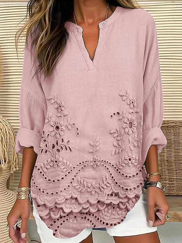 Women's Blouse Linen Like Breathable Lightweight Tunic V