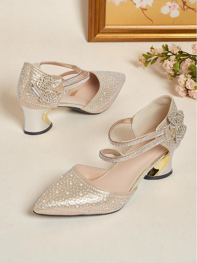 Rhinestone Glitter Heel Women's Strap Low Pointed Ankle Toe