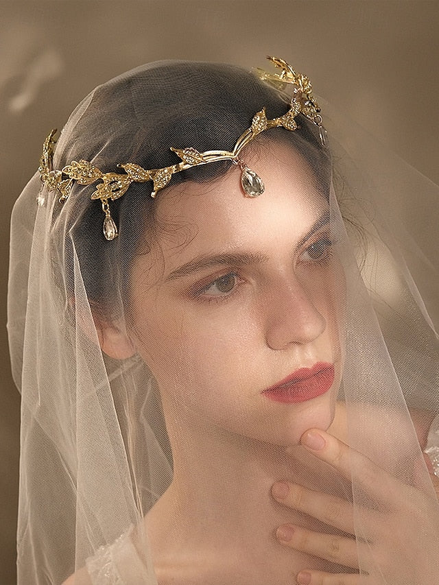 Headpiece – Blue Gemstone with Leaf Drops Vintage Gold