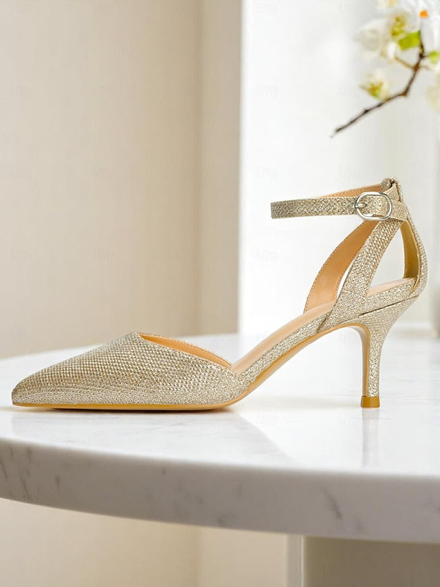 Gold Heels Strap Glitter Ankle Women's