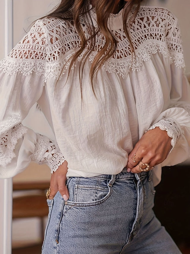 Women's Blouse Lace Solid Color Elegant Stylish Casual Long
