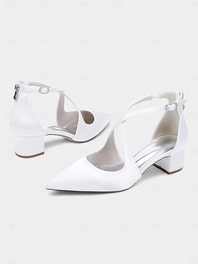 Ivory Heels Satin Toe Block Elegant Women's - Pointed