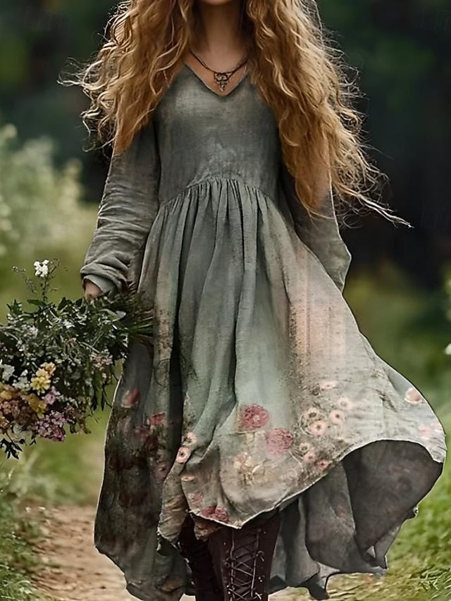 Women's Boho Dress Floral V Neck Maxi Dress Vintage Dress