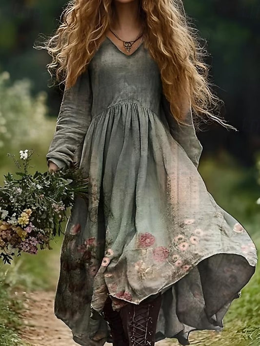 Women's Boho Dress Floral V Neck Maxi Dress Vintage Dress