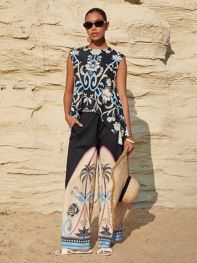 Summer Night Palm Silky Satin Vacation Top
