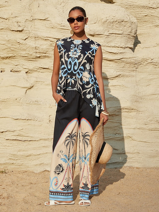 Summer Night Palm Silky Satin Vacation Top