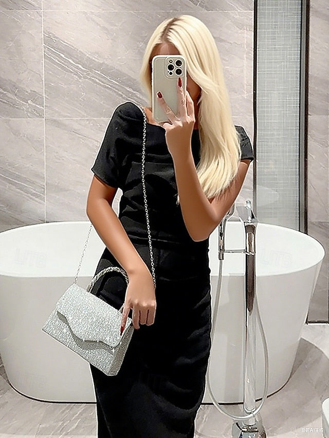 Glitter Handle Handbag Silver Rhinestone Women's with –