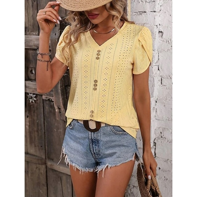 Women's T Shirt Eyelet Plain Fashion Stylish Classic Short