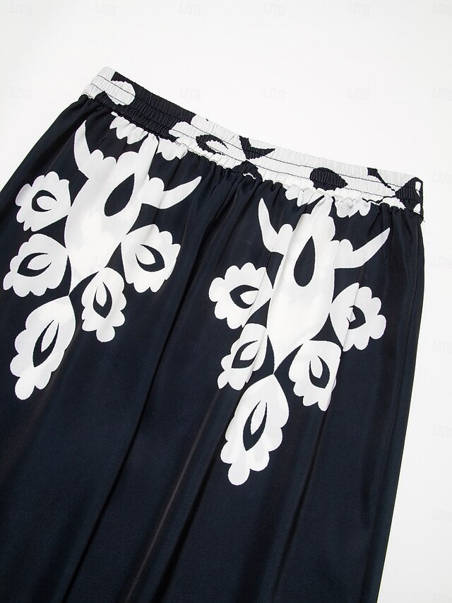Women's Pants Black Floral Print Straight Leg Satin