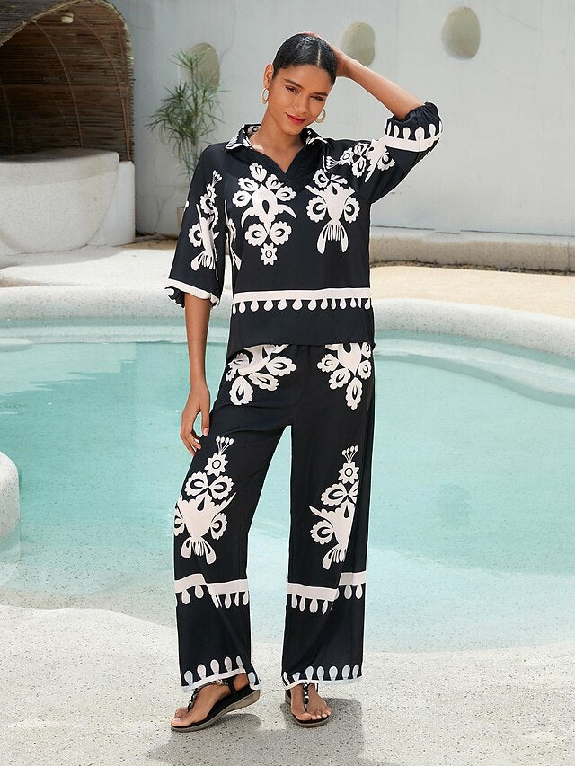 Women's Pants Black Floral Print Straight Leg Satin