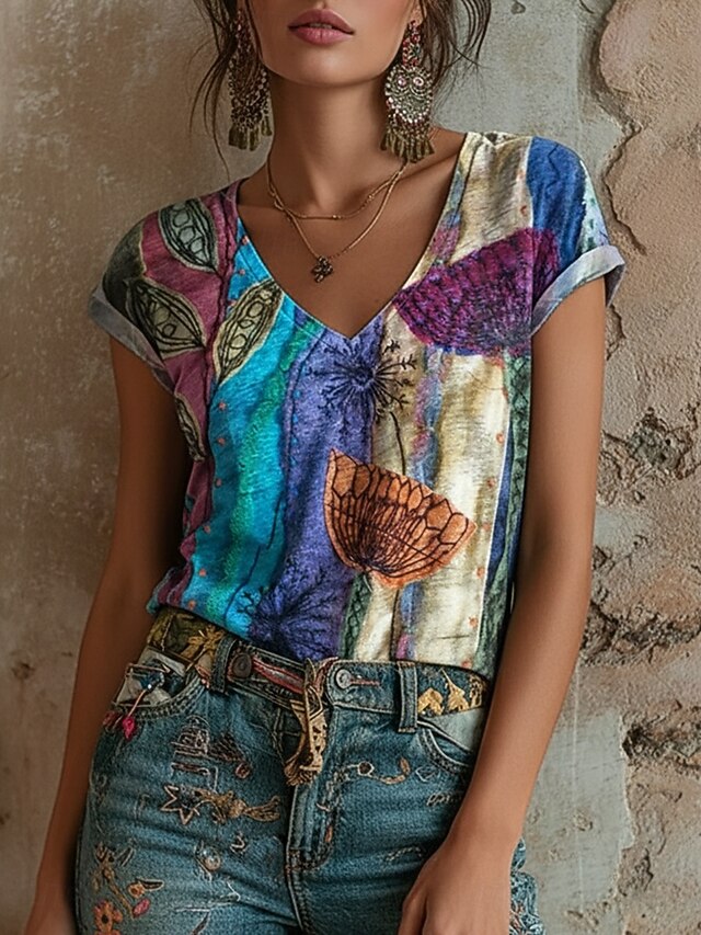 Women's T Shirt Print Floral Graphic Graffiti Bohemia