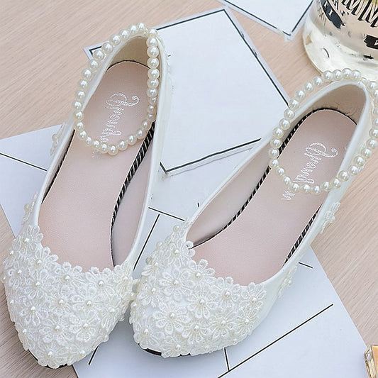 White Decorated Lace Pearl Floral Heels – Women's Wedding
