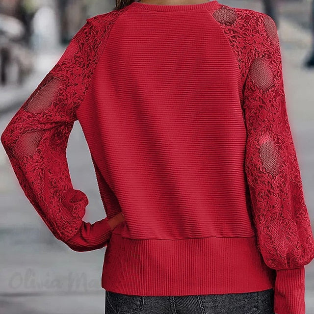 Women's Lace Splicing Top Blouse Ruched Lace Patchwork