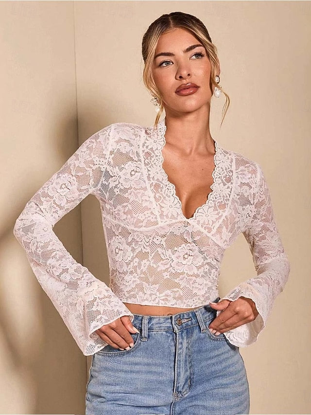 Women's Wrap Crop Top Lace Sexy Long Sleeve V Neck Regular