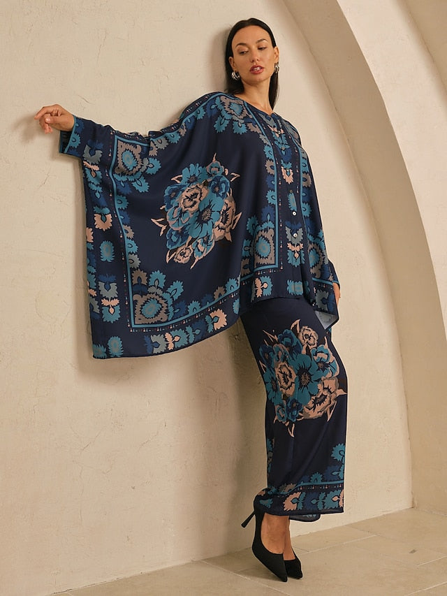 Women's Wide Leg Pants Chiffon Ethnic Floral Hawaiian Print