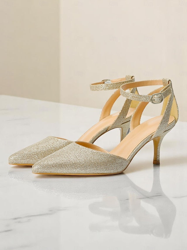 Gold Heels Strap Glitter Ankle Women's