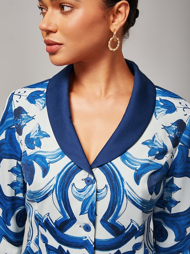 Women's Blue and White Porcelain Print Blazer Notched Lapel