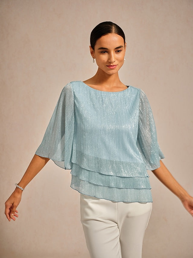 Women's Blouse Chiffon Tops Pleated Layered Metallic