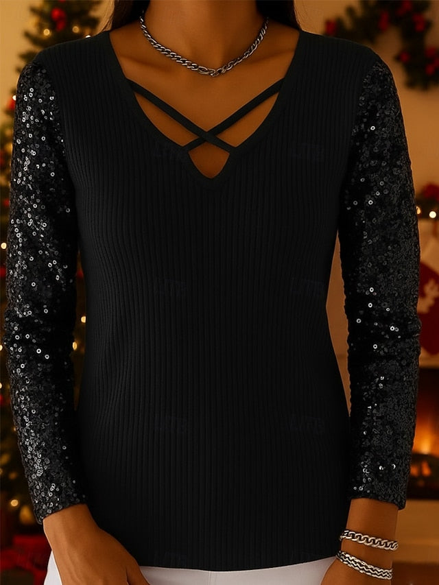 New Year Women's Sequin Tops Elegant Party Long Sleeve V