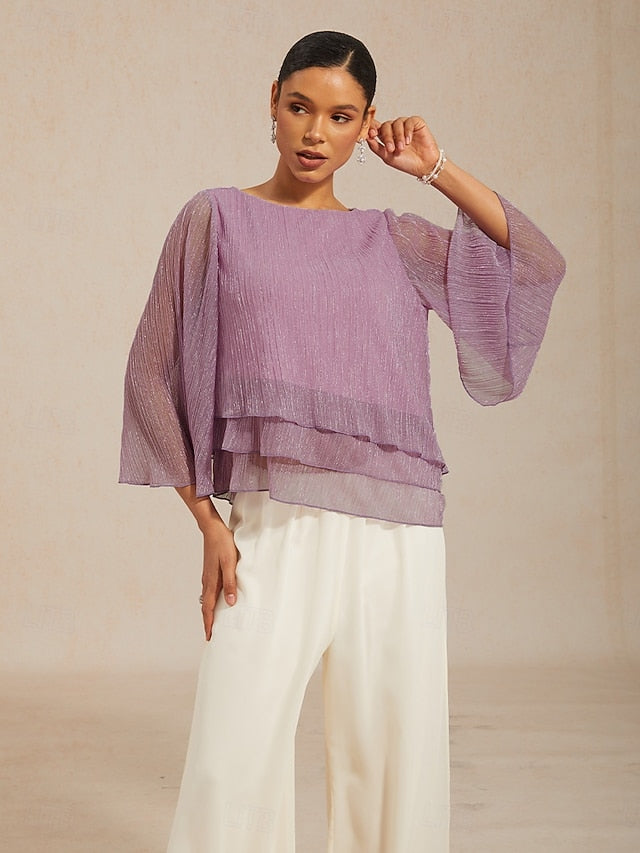 Women's Blouse Chiffon Tops Pleated Layered Metallic