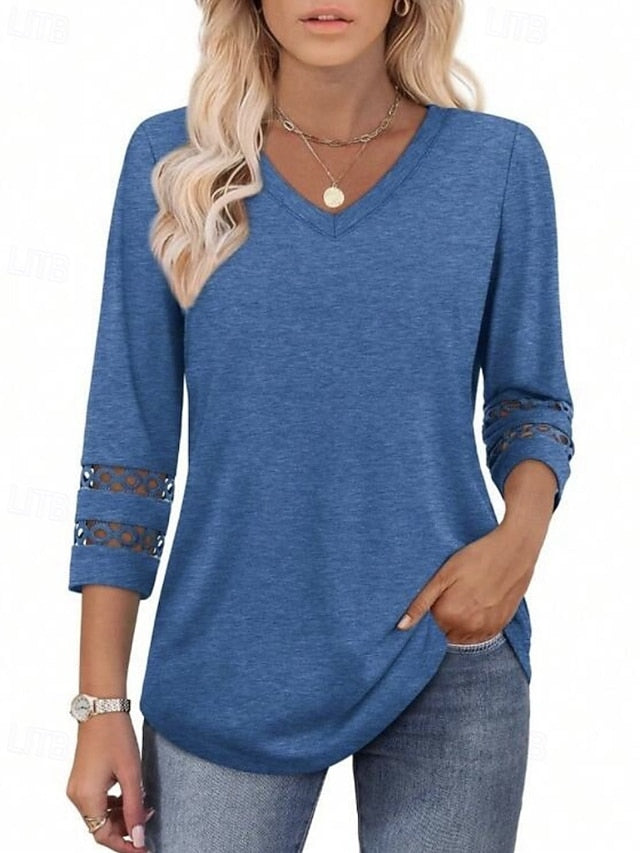 Women's T Shirt Eyelet Plain Casual Long Sleeve V Neck