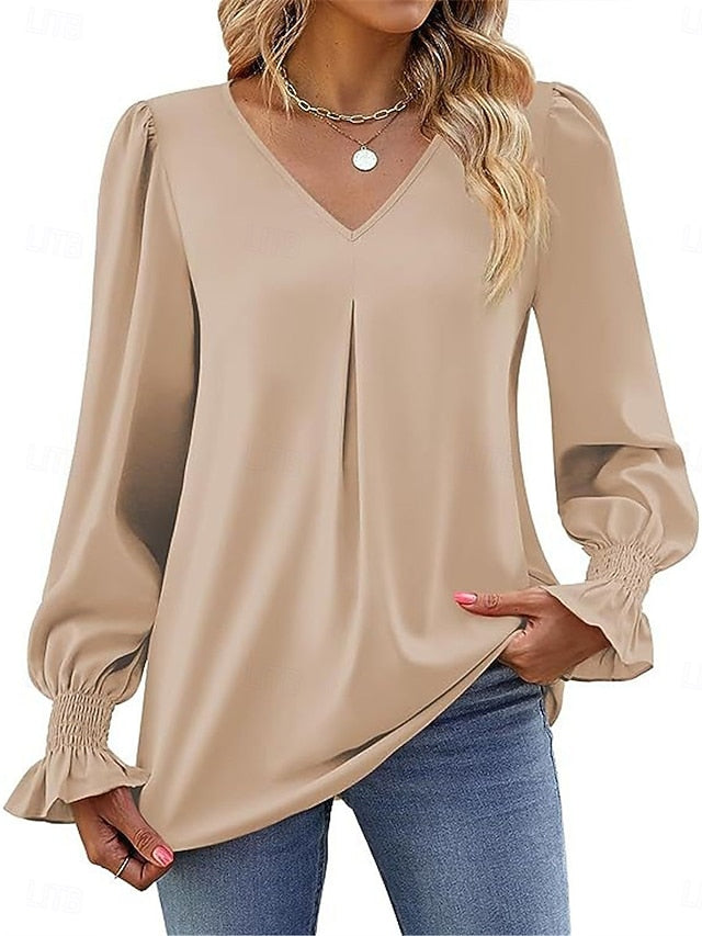 Women's Shirt Blouse Solid Color Basic Casual Long Sleeve V
