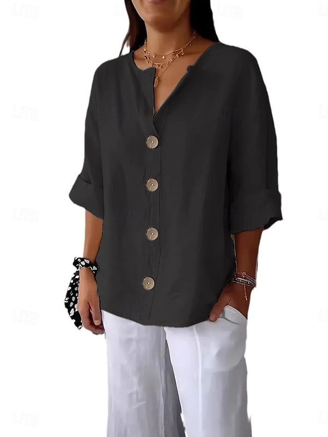 Women's 100% Cotton Shirts Button Up Blouse Buttons Solid