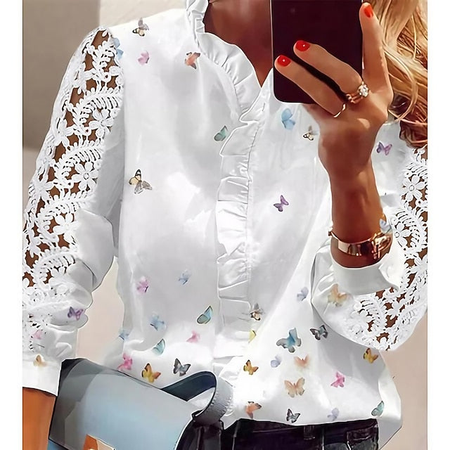 Women's Lace Shirt T Shirt Blouse Eyelet top Lace Butterfly