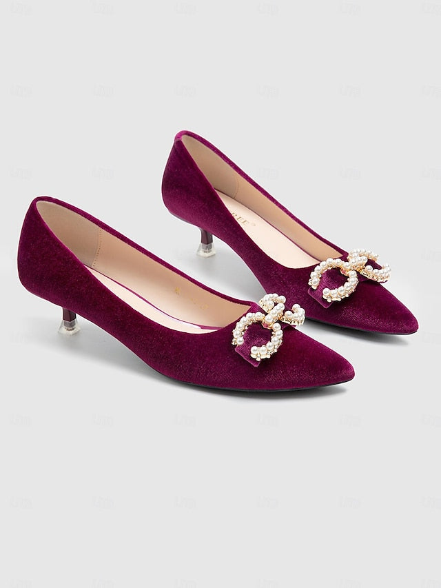 with Velvet Kitten Bow Pearl Women's Pumps Burgundy Heel -